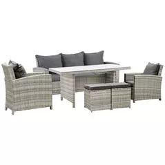Outsunny 6 Pieces PE Rattan Garden Furniture Set with Three-seat, Armchairs and Footstools, Aluminium Patio Wicker Dining Sets w/ Glass Top Dining Table, Soft Cushion, Light Grey - 1