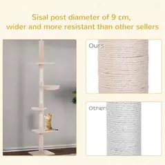 PawHut Floor to Ceiling Cat Tree 230-260cm Height Adjustable, 5-Tier Cat Tower with Scratching Posts, Hammock, Perches, Climbing Activity Centre for Indoor Kittens Playing and Relaxing, Beige - 7