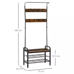 HOMCOM Coat Rack Stand Industrial hallway Shoe Rack Removable Hooks Metal Wood Hangers Storage Cabinet Rustic Brown 72L×34W×185H(cm) - 3