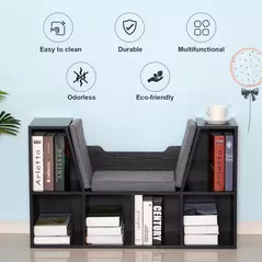 HOMCOM Bookcase Storage Shelf with Cushioned Reading Seat, Cube Bookshelf Organizer for Bedroom Living Room, Black - 6