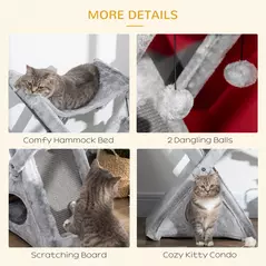 PawHut Two Tier Cat Tree for Indoor Cats Play Rest Activity Tower Plush Folding Relax Center w/ Scratching Post Hammock Pom Poms Grey - 7