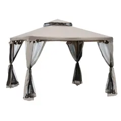 Outsunny Outdoor Gazebo, 2-tier Roof W/Netting, 295L x 295W x 263Hcm-Taupe - 1