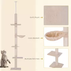 PawHut Floor to Ceiling Cat Tree 230-260cm Height Adjustable, 5-Tier Cat Tower with Scratching Posts, Hammock, Perches, Climbing Activity Centre for Indoor Kittens Playing and Relaxing, Beige - 6