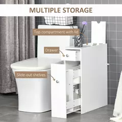 HOMCOM Bathroom Slim Floor Cabinet Narrow Wooden Storage Home Bath Toilet Cupboard Organiser Unit with Drawers White - 5