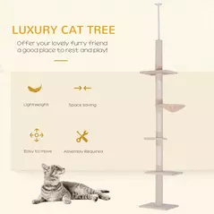 PawHut Floor to Ceiling Cat Tree 230-260cm Height Adjustable, 5-Tier Cat Tower with Scratching Posts, Hammock, Perches, Climbing Activity Centre for Indoor Kittens Playing and Relaxing, Beige - 4
