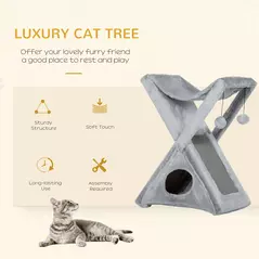 PawHut Two Tier Cat Tree for Indoor Cats Play Rest Activity Tower Plush Folding Relax Center w/ Scratching Post Hammock Pom Poms Grey - 4