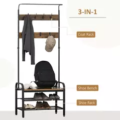 HOMCOM Coat Rack Stand Industrial hallway Shoe Rack Removable Hooks Metal Wood Hangers Storage Cabinet Rustic Brown 72L×34W×185H(cm) - 4