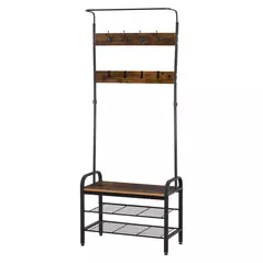 HOMCOM Coat Rack Stand Industrial hallway Shoe Rack Removable Hooks Metal Wood Hangers Storage Cabinet Rustic Brown 72L×34W×185H(cm) - 1
