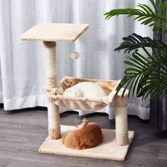 PawHut Cat Scratch Post with Bed Cat Tree for Indoor Cats Sisal Scratching Posts Hammock Kitty Activity Centre Beige - 2
