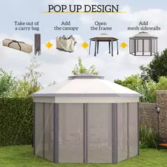 Outsunny 3 x 4m Garden Gazebo Hexagon Pop Up Gazebo Party Tent Canopy Double Roof Instant Shelter with Netting and Carry Bag for Outdoor Patio, Beige - 4