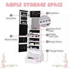 HOMCOM Jewellery Cabinet with led, mirroir Cabinet Armoire Floor Standing Flip-over Makeup Shelf Organizer with lock white - 6