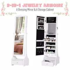 HOMCOM Jewellery Cabinet with led, mirroir Cabinet Armoire Floor Standing Flip-over Makeup Shelf Organizer with lock white - 8