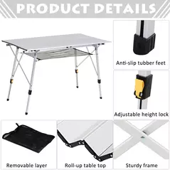 Outsunny 4FT Folding Aluminium Picnic Table Portable Camping BBQ Table Roll Up Top Mesh Layer Rack with Carrying Bag - 4