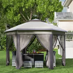 Outsunny 3 x 4m Garden Gazebo Hexagon Pop Up Gazebo Party Tent Canopy Double Roof Instant Shelter with Netting and Carry Bag for Outdoor Patio, Beige - 7