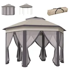 Outsunny 3 x 4m Garden Gazebo Hexagon Pop Up Gazebo Party Tent Canopy Double Roof Instant Shelter with Netting and Carry Bag for Outdoor Patio, Beige - 1