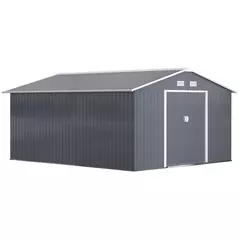 Outsunny 13 x 11ft Metal Garden Shed, Outdoor Storage Tool House with Ventilation Slots, Foundation Kit and Lockable Double Doors, Grey - 1