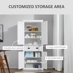 HOMCOM Freestanding Kitchen Cupboard, 184cm Tall Storage Cabinet with Doors and Shelves, Traditional Colonial 4-Door Kitchen Pantry Cupboard with Drawer, White - 4