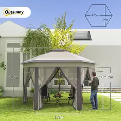 Outsunny 3 x 4m Garden Gazebo Hexagon Pop Up Gazebo Party Tent Canopy Double Roof Instant Shelter with Netting and Carry Bag for Outdoor Patio, Beige - 3
