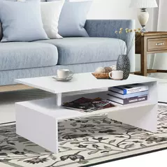HOMCOM Coffee Table with Storage, 2-Tier Centre Table, Modern Living Room Table with Open Shelf and Aluminium Poles, White - 2