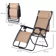 Outsunny Foldable Reclining Garden Chair with Headrest, Zero Gravity Deck Sun Lounger Seat Chair with Footrest, Armrest, Cup Holder & Canopy Shade, Beige - 3