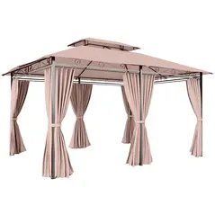 Outsunny 4m x 3(m)Garden Gazebo, Double Roof Outdoor Gazebo Canopy Shelter with Curtains, Solid Steel Frame for Patio, Garden, Brown - 1