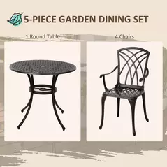 Outsunny 5 Pieces Garden Dining Set for 4, Cast Aluminium Outdoor Dining Set with 4 Armchairs and Round Dining Table with Parasol Hole, Garden Furniture Set, Brown - 4