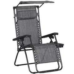 Outsunny Foldable Reclining Garden Chair with Headrest, Zero Gravity Deck Sun Lounger Seat Chair with Footrest, Armrest, Cup Holder & Canopy Shade, Grey - 1