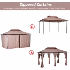 Outsunny 4m x 3(m)Garden Gazebo, Double Roof Outdoor Gazebo Canopy Shelter with Curtains, Solid Steel Frame for Patio, Garden, Brown - 6