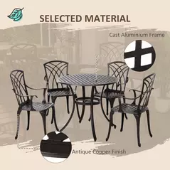 Outsunny 5 Pieces Garden Dining Set for 4, Cast Aluminium Outdoor Dining Set with 4 Armchairs and Round Dining Table with Parasol Hole, Garden Furniture Set, Brown - 7