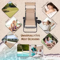 Outsunny Foldable Reclining Garden Chair with Headrest, Zero Gravity Deck Sun Lounger Seat Chair with Footrest, Armrest, Cup Holder & Canopy Shade, Beige - 4