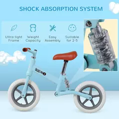 HOMCOM 12" Kids Balance Bike No Pedal Bicycle EVA Tire Adjustable Seat Toddler Training Bike W/ Shock Absorber 2 - 5 Years Gift for Boys Girls Blue - 4