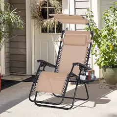 Outsunny Foldable Reclining Garden Chair with Headrest, Zero Gravity Deck Sun Lounger Seat Chair with Footrest, Armrest, Cup Holder & Canopy Shade, Beige - 9
