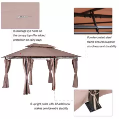 Outsunny 4m x 3(m)Garden Gazebo, Double Roof Outdoor Gazebo Canopy Shelter with Curtains, Solid Steel Frame for Patio, Garden, Brown - 5