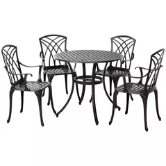 Outsunny 5 Pieces Garden Dining Set for 4, Cast Aluminium Outdoor Dining Set with 4 Armchairs and Round Dining Table with Parasol Hole, Garden Furniture Set, Brown - 1
