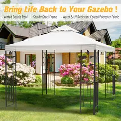 Outsunny 3 x 3m Outdoor Steel Gazebo with 2 Tier Roof, Garden Gazebo Patio Canopy Marquee Shelter with Decorative Steel Frame - Cream - 4