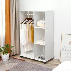 HOMCOM Open Wardrobe on Wheels, Bedroom Wardrobe with Clothes Hanging Rail, 3 Storage Shelves, Mobile Garment Rack for Cloakroom, Hallway, White - 2