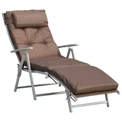 Outsunny Sun Lounger Steel Frame Outdoor Folding Chaise Texteline Lounge Chair Recliner with Headrest & 7 Levels Adjustable Backrest, Brown - 1