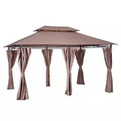 Outsunny 4m x 3(m)Garden Gazebo, Double Roof Outdoor Gazebo Canopy Shelter with Curtains, Solid Steel Frame for Patio, Garden, Brown - 2