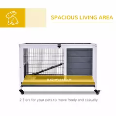 PawHut Wooden Guinea Pig Hutch, 2-Floor Bunny Cage w/ Enclosed Run Area, Grey - 4