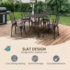 Outsunny 5 Pieces Garden Dining Set for 4, Cast Aluminium Outdoor Dining Set with 4 Armchairs and Round Dining Table with Parasol Hole, Garden Furniture Set, Brown - 6