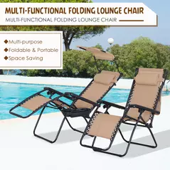Outsunny Foldable Reclining Garden Chair with Headrest, Zero Gravity Deck Sun Lounger Seat Chair with Footrest, Armrest, Cup Holder & Canopy Shade, Beige - 5