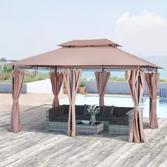 Outsunny 4m x 3(m)Garden Gazebo, Double Roof Outdoor Gazebo Canopy Shelter with Curtains, Solid Steel Frame for Patio, Garden, Brown - 1