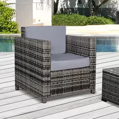 Outsunny Rattan Garden Armchair 10cm Cushion Outdoor Single Chair with Steel Frame, Grey - 1