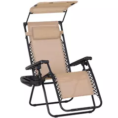 Outsunny Foldable Reclining Garden Chair with Headrest, Zero Gravity Deck Sun Lounger Seat Chair with Footrest, Armrest, Cup Holder & Canopy Shade, Beige - 1