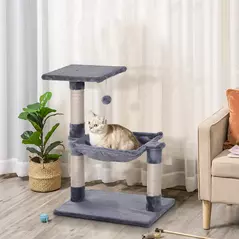 PawHut Cat Scratch Post with Bed Cat Tree for Indoor Cats Sisal Scratching Posts Hammock Kitty Activity Centre Grey - 2