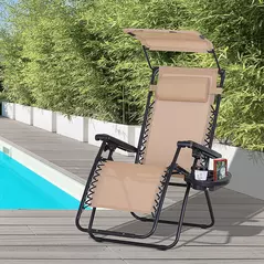 Outsunny Foldable Reclining Garden Chair with Headrest, Zero Gravity Deck Sun Lounger Seat Chair with Footrest, Armrest, Cup Holder & Canopy Shade, Beige - 2