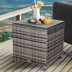 Outsunny Square PE Rattan Garden Table, with Glass Table Top - Grey - 1