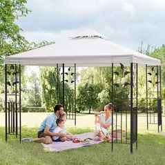 Outsunny 3 x 3m Outdoor Steel Gazebo with 2 Tier Roof, Garden Gazebo Patio Canopy Marquee Shelter with Decorative Steel Frame - Cream - 2