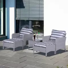 Outsunny 5 Pieces PE Rattan Garden Furniture Set with 10cm Thick Padded Cushions, Wicker Weave Outdoor Seating Chairs with 2 Armchairs, 2 Stools, Glass Top Table, Grey and White - 2