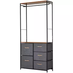 HOMCOM Chest of Drawers with Coat rack Steel Frame 5 Drawers  Bedroom Hallway Home Furniture Black Brown - 1
